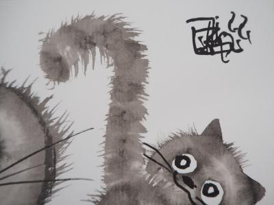 Laszlo TIBAY -  Maman chat et son bébé - Dessin original, signé 2