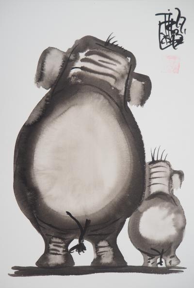 Laszlo TIBAY - Petit et grand éléphant- Dessin original, signé 2