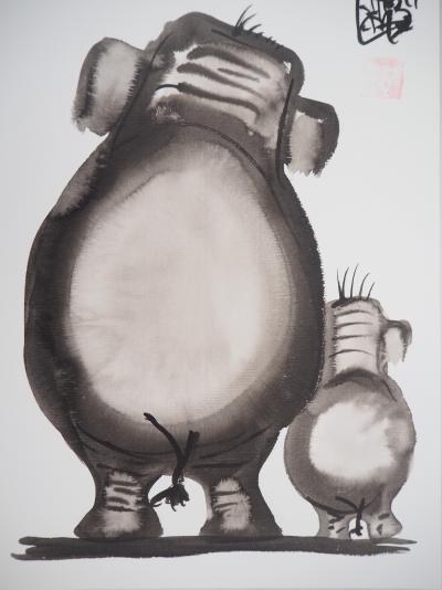 Laszlo TIBAY - Petit et grand éléphant- Dessin original, signé 2