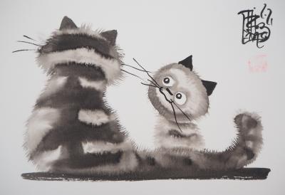 Laszlo TIBAY - Maternité : Bébé chat et sa maman - Dessin original, signé 2