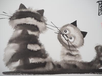 Laszlo TIBAY - Maternité : Bébé chat et sa maman - Dessin original, signé 2
