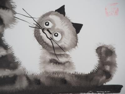 Laszlo TIBAY - Maternité : Bébé chat et sa maman - Dessin original, signé 2