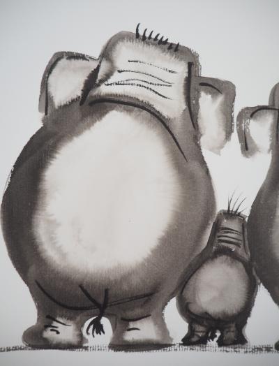 Laszlo TIBAY - Petite famille éléphant - Dessin original, signé 2