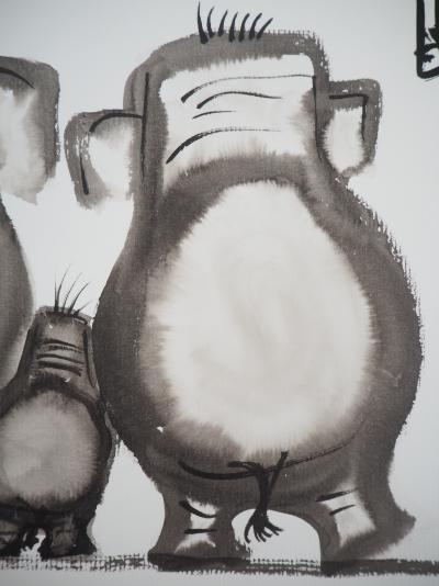 Laszlo TIBAY - Petite famille éléphant - Dessin original, signé 2