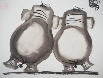 Laszlo Tibay - Accolade d’Eléphants - Dessin original, signé 2