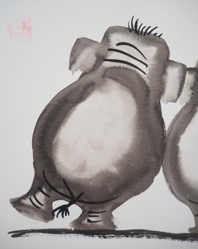Laszlo Tibay - Accolade d’Eléphants - Dessin original, signé 2