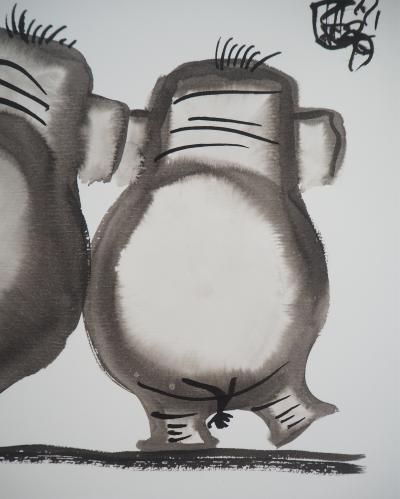 Laszlo Tibay - Accolade d’Eléphants - Dessin original, signé 2