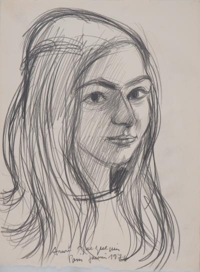 André JACQUEMIN - Portrait aux cheveux longs,1974 - Dessin signé 2