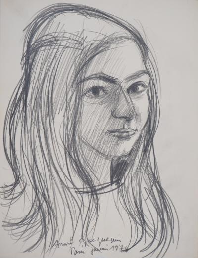 André JACQUEMIN - Portrait aux cheveux longs,1974 - Dessin signé 2