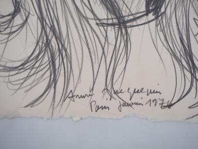 André JACQUEMIN - Portrait aux cheveux longs,1974 - Dessin signé 2