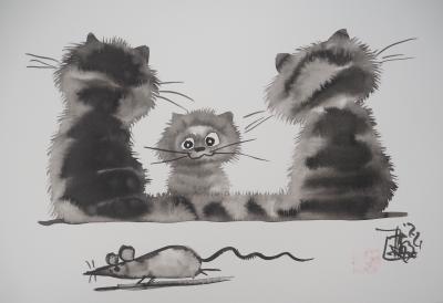 Laszlo TIBAY - Tendresse de chats - Dessin original, signé 2