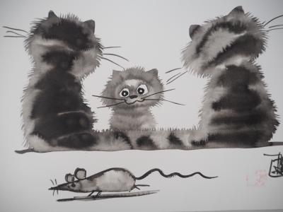 Laszlo TIBAY - Tendresse de chats - Dessin original, signé 2