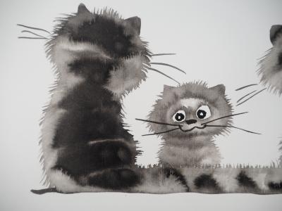Laszlo TIBAY - Tendresse de chats - Dessin original, signé 2