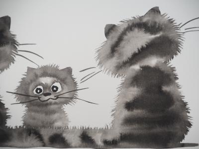 Laszlo TIBAY - Tendresse de chats - Dessin original, signé 2