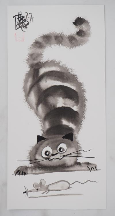 Laszlo TIBAY - Chat prêt à bondir sur la souris - Dessin original, signé 2