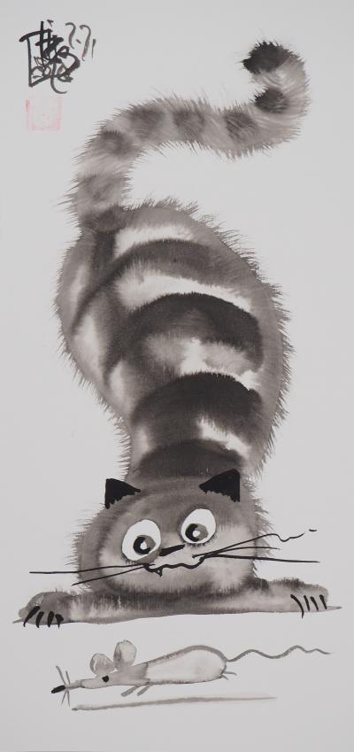 Laszlo TIBAY - Chat prêt à bondir sur la souris - Dessin original, signé 2