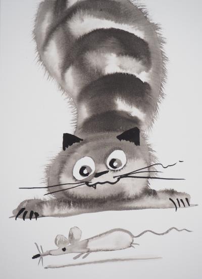 Laszlo TIBAY - Chat prêt à bondir sur la souris - Dessin original, signé 2