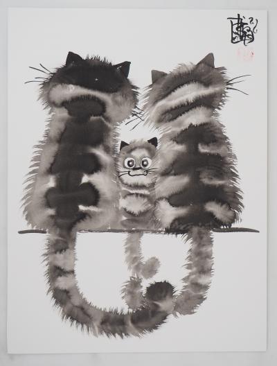 Laszlo TIBAY - Chaton et parents - Dessin original, signé 2