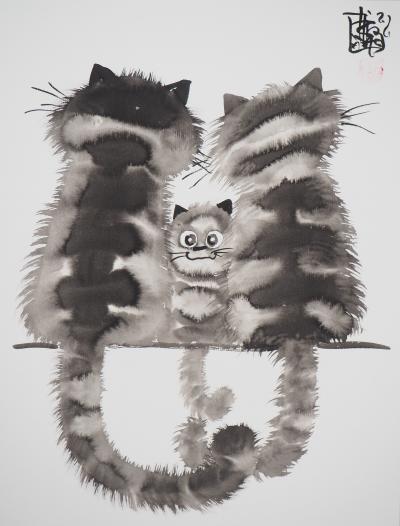 Laszlo TIBAY - Chaton et parents - Dessin original, signé 2