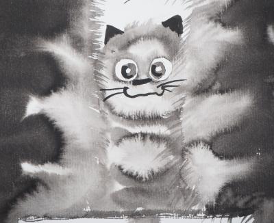 Laszlo TIBAY - Chaton et parents - Dessin original, signé 2