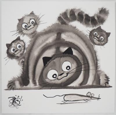 Laszlo TIBAY - Three Cats Studying - Dessin original, signé 2