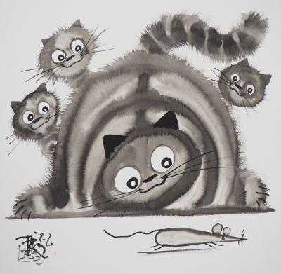 Laszlo TIBAY - Three Cats Studying - Dessin original, signé 2
