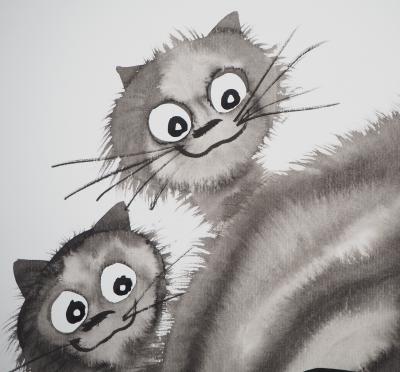 Laszlo TIBAY - Three Cats Studying - Dessin original, signé 2