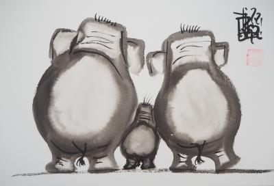 Laszlo TIBAY - Famille d’éléphants - Dessin original, signé 2