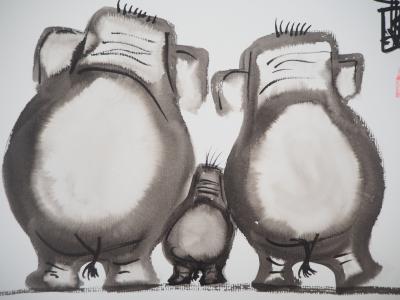 Laszlo TIBAY - Famille d’éléphants - Dessin original, signé 2