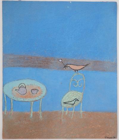 Valérie Teneze - P’tit Dèj et oiseaux - Huile et pastel sur carton, signée 2