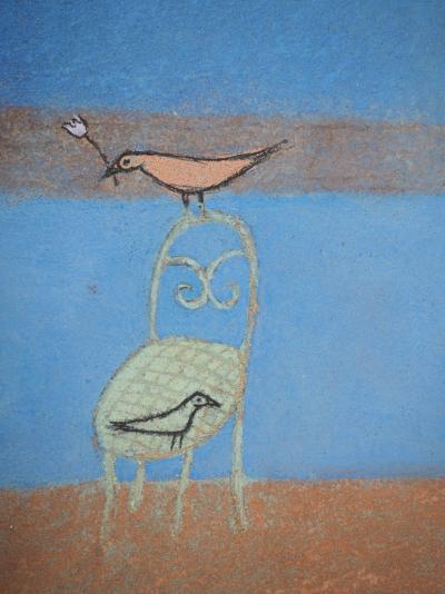 Valérie Teneze - P’tit Dèj et oiseaux - Huile et pastel sur carton, signée 2