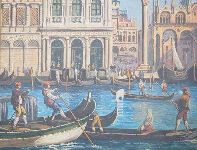 Ecole vénitienne - Venise : Gondoles devant le palais des Doges - Lithographie 2