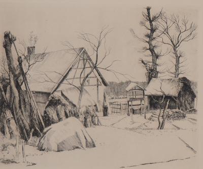 Eugene Corneau - Ferme sous la neige  - Gravure originale signée 2