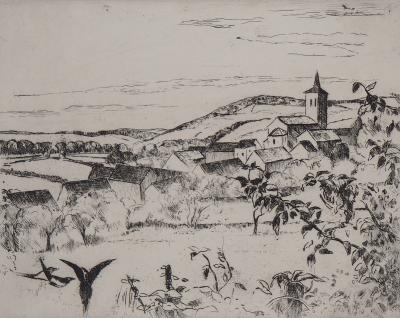 Eugene Corneau - Village dans les collines - Gravure originale signée 2