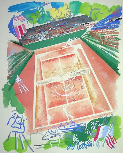 Milivoj UZELAC - Tennis, sur le Central de Roland Garros - Lithographie originale signée 2