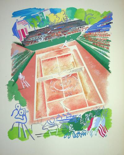 Milivoj UZELAC - Tennis, sur le Central de Roland Garros - Lithographie originale signée 2