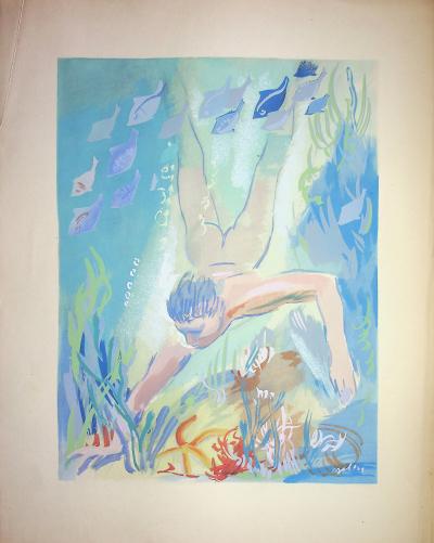 Milivoj UZELAC - Natation : le Plongée - Lithographie originale signée 2