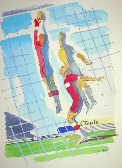 Milivoj Uzelac - Football : Devant les buts - Lithographie originale signée 2