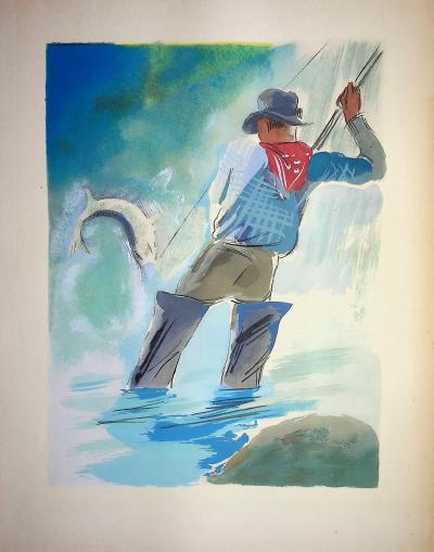 Milivoj UZELAC - La pêche sportive - Lithographie originale signée 2
