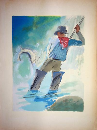 Milivoj UZELAC - La pêche sportive - Lithographie originale signée 2