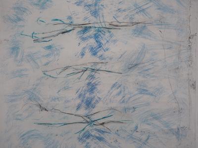 Line Clément - Bleu, verticalité, flou , 1986 - Gravure originale signée 2
