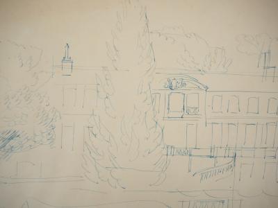 Jean DUFY : Pécheur et canot au bord du lac - Dessin signé 2