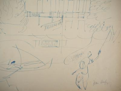 Jean DUFY : Pécheur et canot au bord du lac - Dessin signé 2