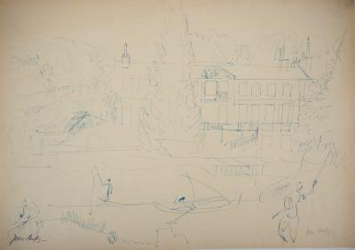 Jean DUFY : Pécheur et canot au bord du lac - Dessin signé 2