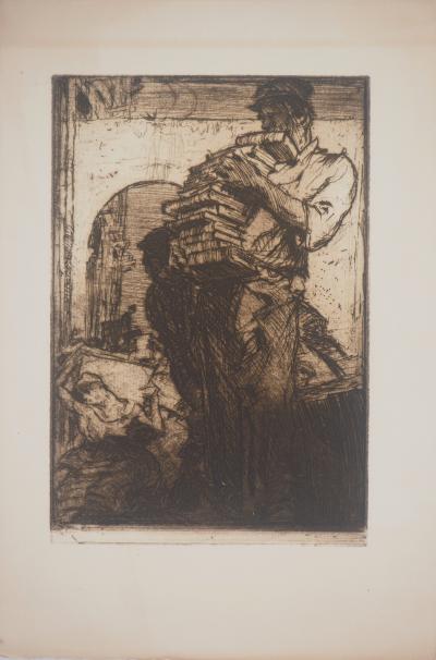 Frank Brangwyn - Homme portant des livres, 1912 - Gravure originale 2
