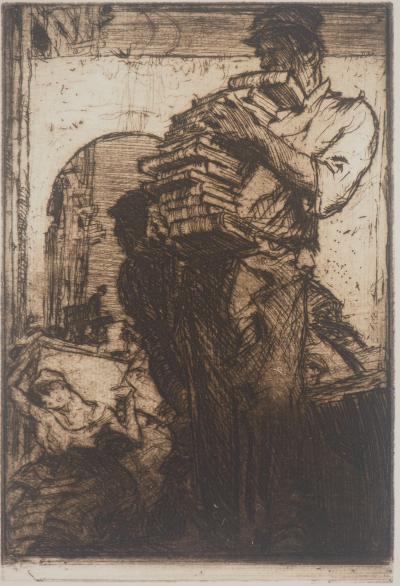 Frank Brangwyn - Homme portant des livres, 1912 - Gravure originale 2
