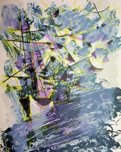 Maurice Elie SARTHOU - Boat on wild waves, 1965 - Original lithograph, signed 2