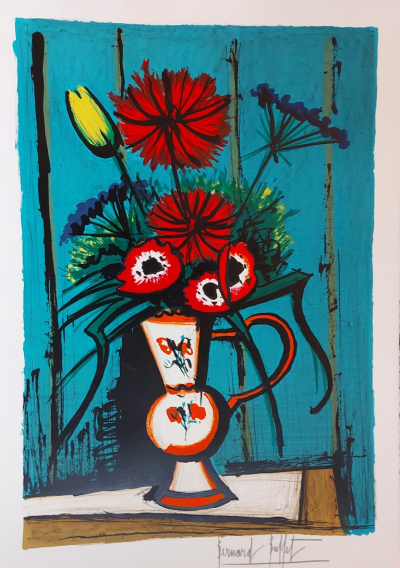 Bernard BUFFET - Bouquet au fond bleu, 1978 - Lithographie originale signée au crayon 2