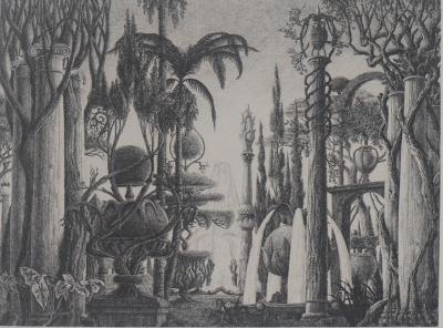 François HOUTIN : Les jardins de Babylone - Gravure originale 2