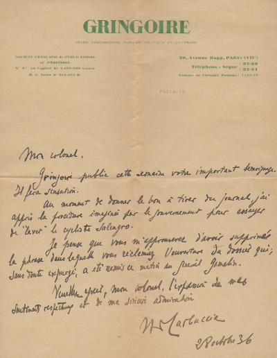 Horace de CARBUCCIA – Lettre autographe signée – Gringoire – l’affaire Salengro 2